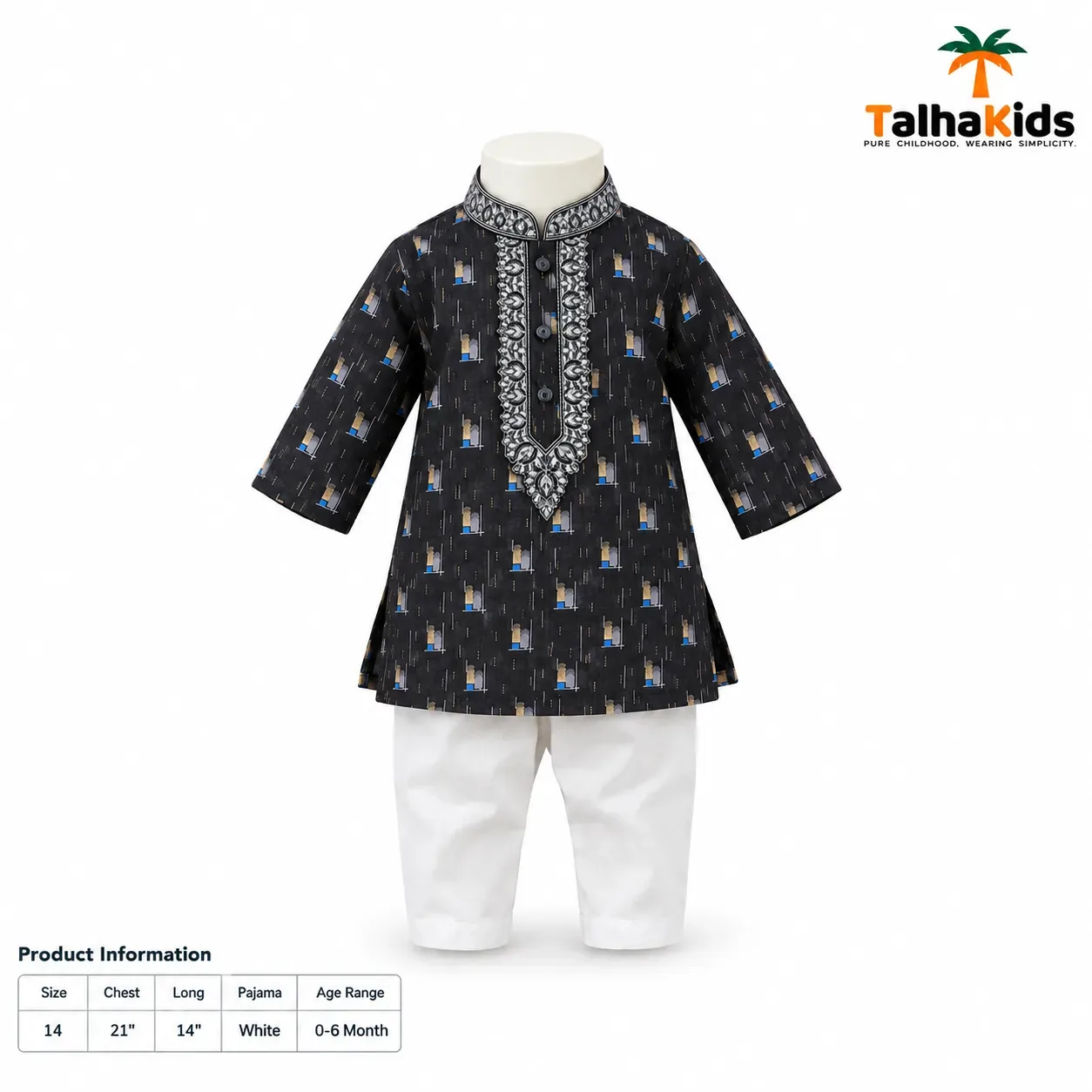 Baby Boys' Panjabi & Pajama Set – Printed Panjabi with Decorative Collar and Front Detail
