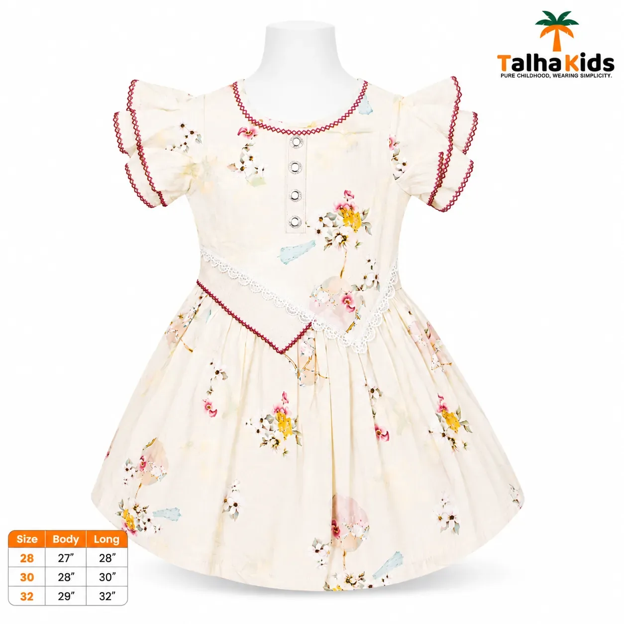 Talha Kids Floral Printed Girls Dress with Lace Detail