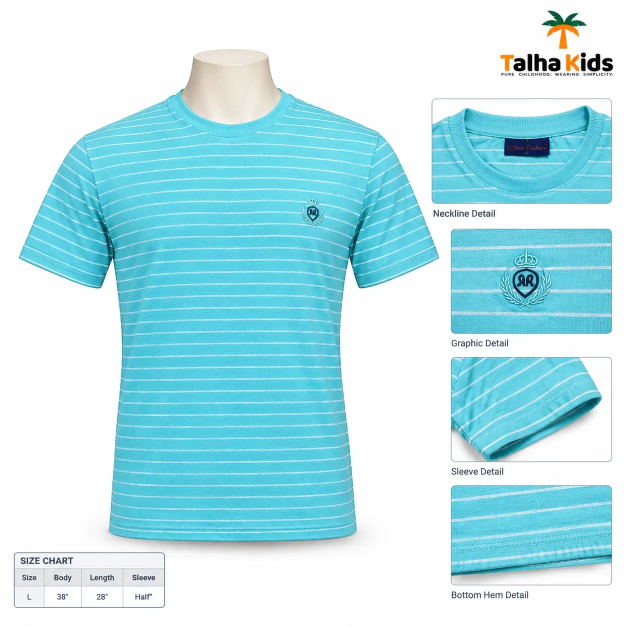 Men's Striped T-Shirt – Sky Blue & White, Short Sleeve | Talha Kids