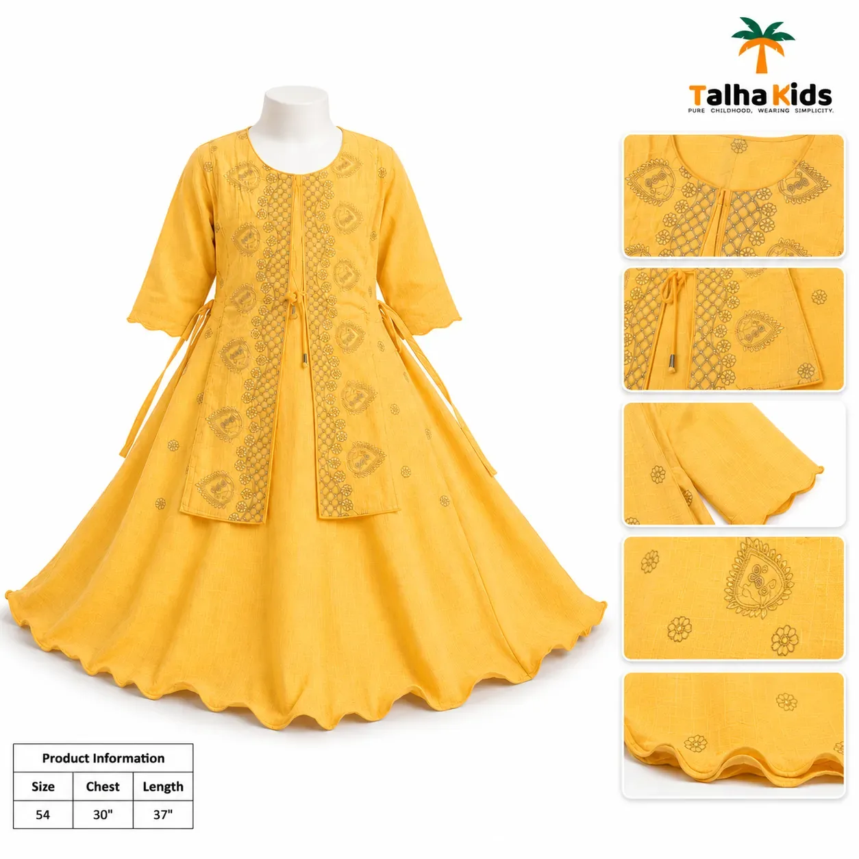 Girls’ Embroidered Flared Frock – Mustard Yellow