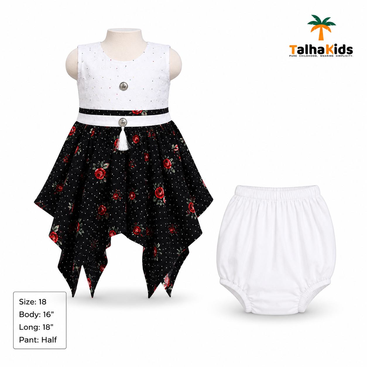 Girls White & Black Rose Print Handkerchief Frock Set