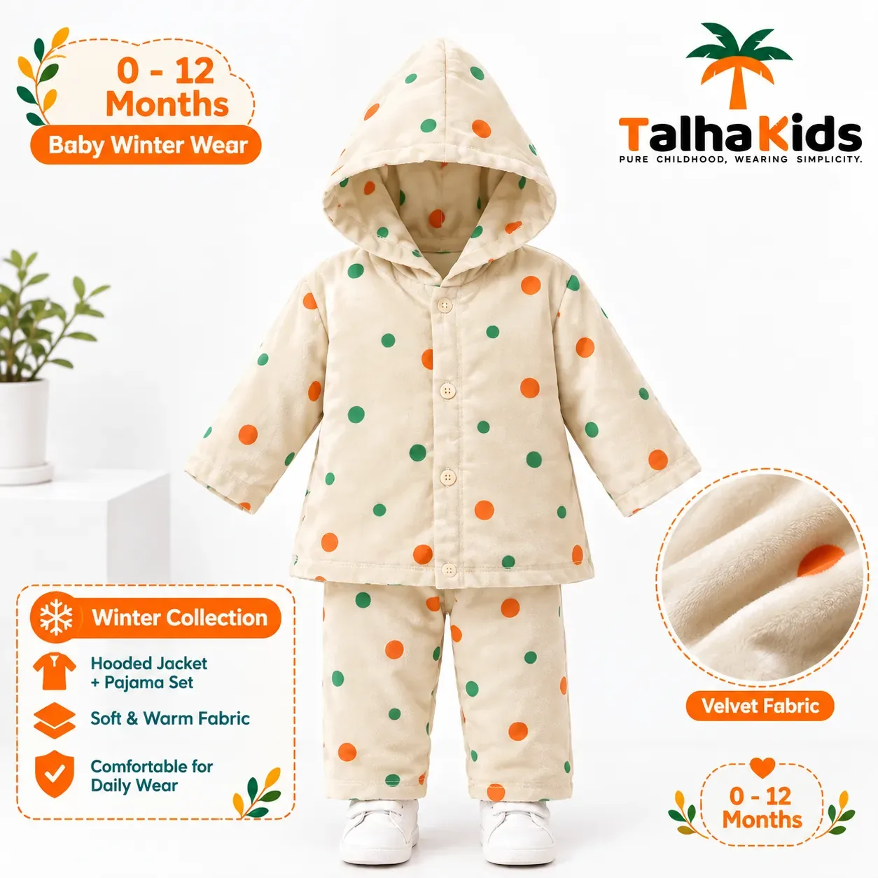 Talha Kids Baby Hooded Velvet Jacket – Polka Dot Print – 0–12 Months