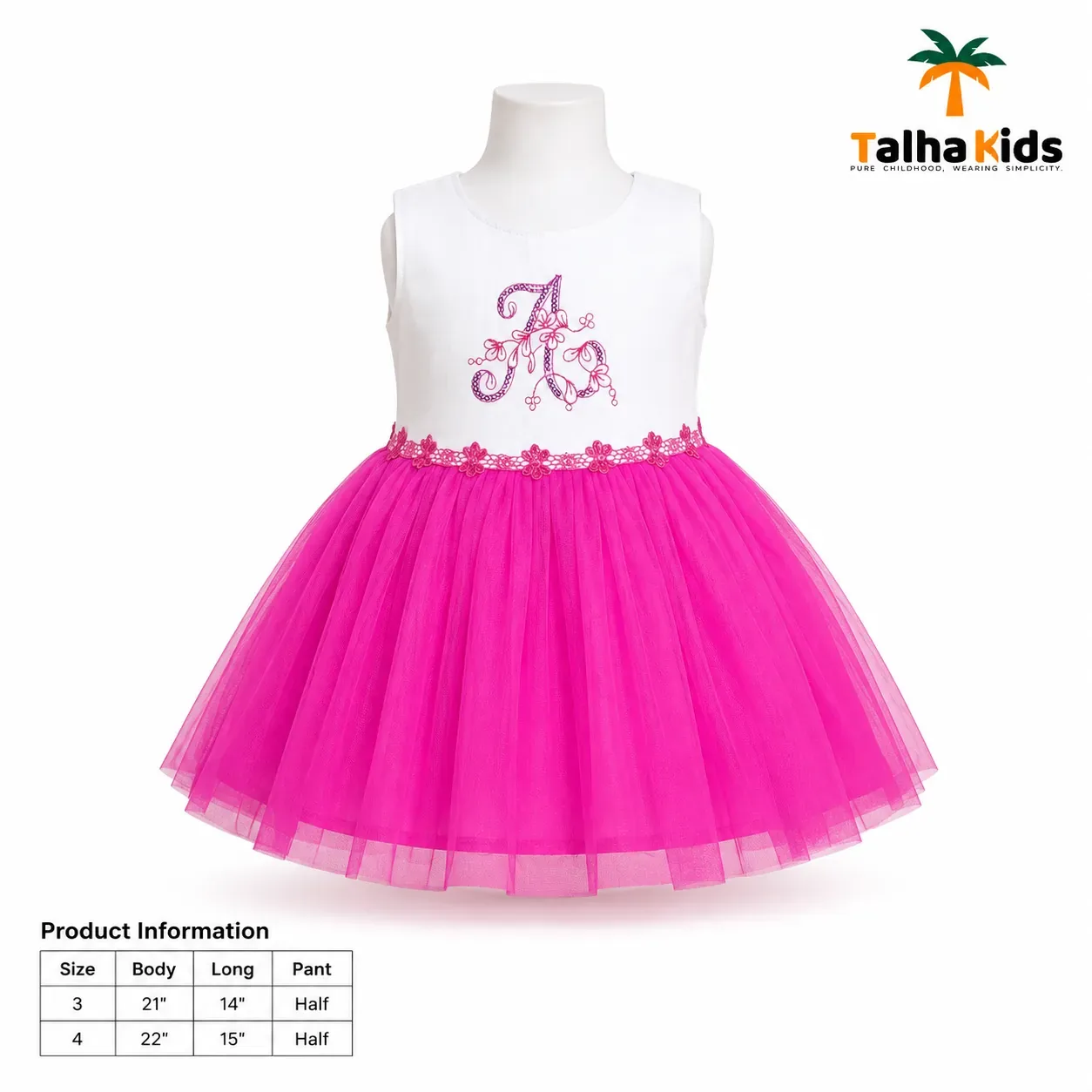Girls’ White & Hot Pink Embroidered Tulle Frock with Matching Half Pant
