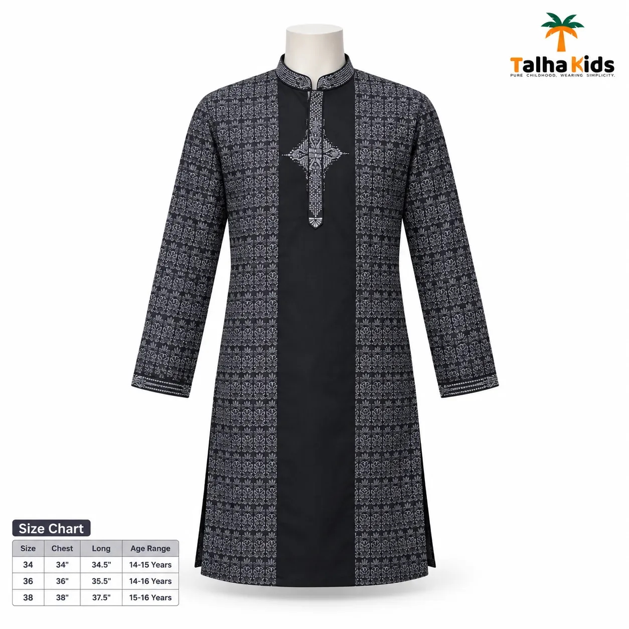 Khandani Boys' Panjabi for Ages 14–16 – Black & Charcoal Printed Design