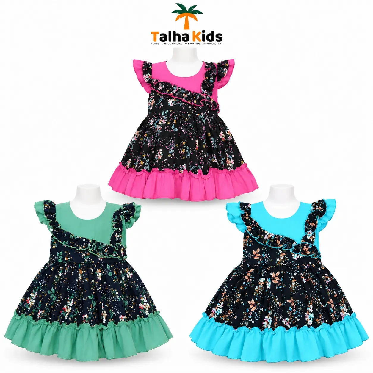 Girls Floral Printed Frock – Ruffle Sleeve & Tiered Hem Dress