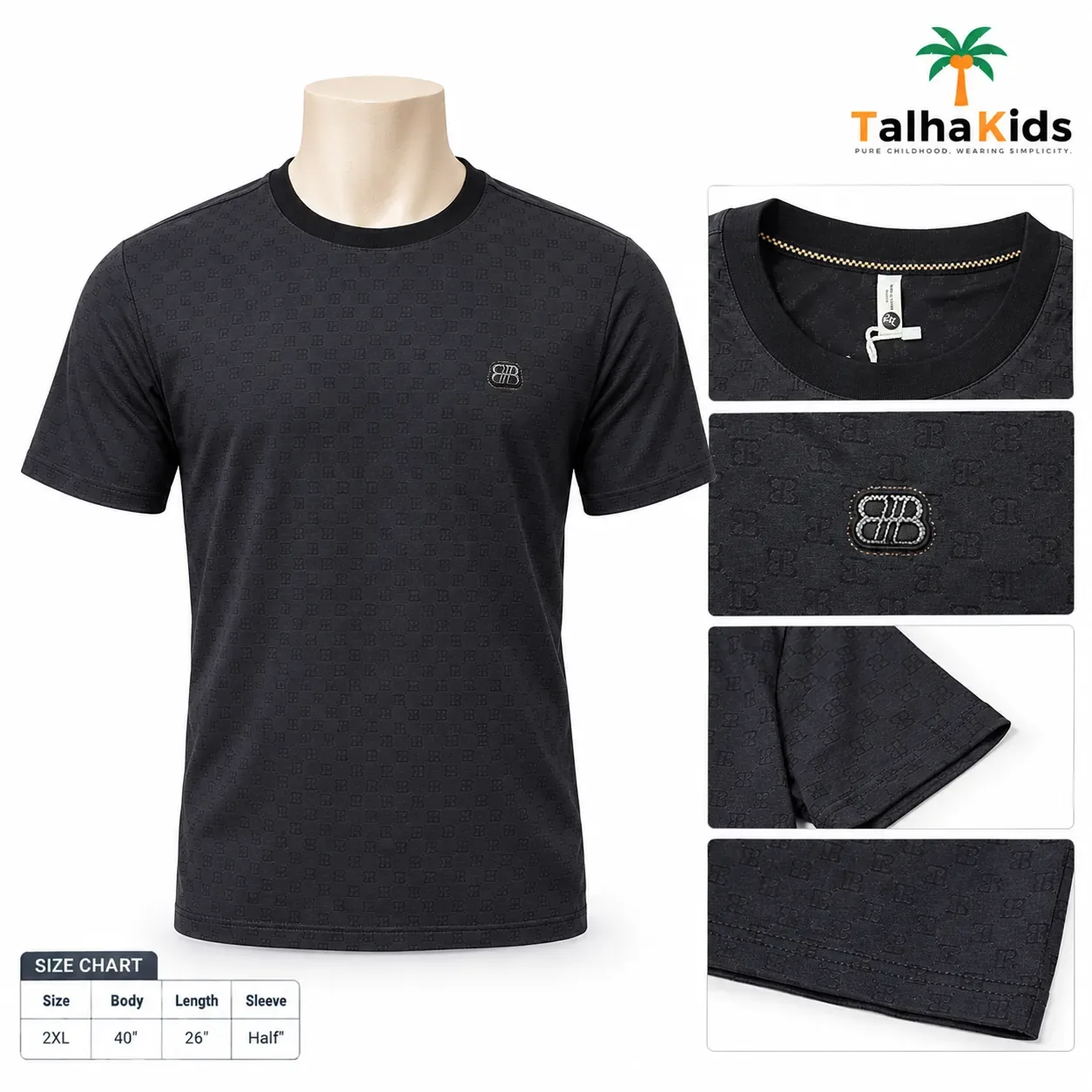 China Playboy Men's Casual T-Shirt – Dark Black Tonal Pattern