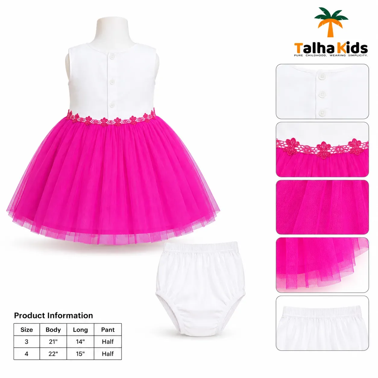 Girls’ White & Hot Pink Embroidered Tulle Frock with Matching Half Pant