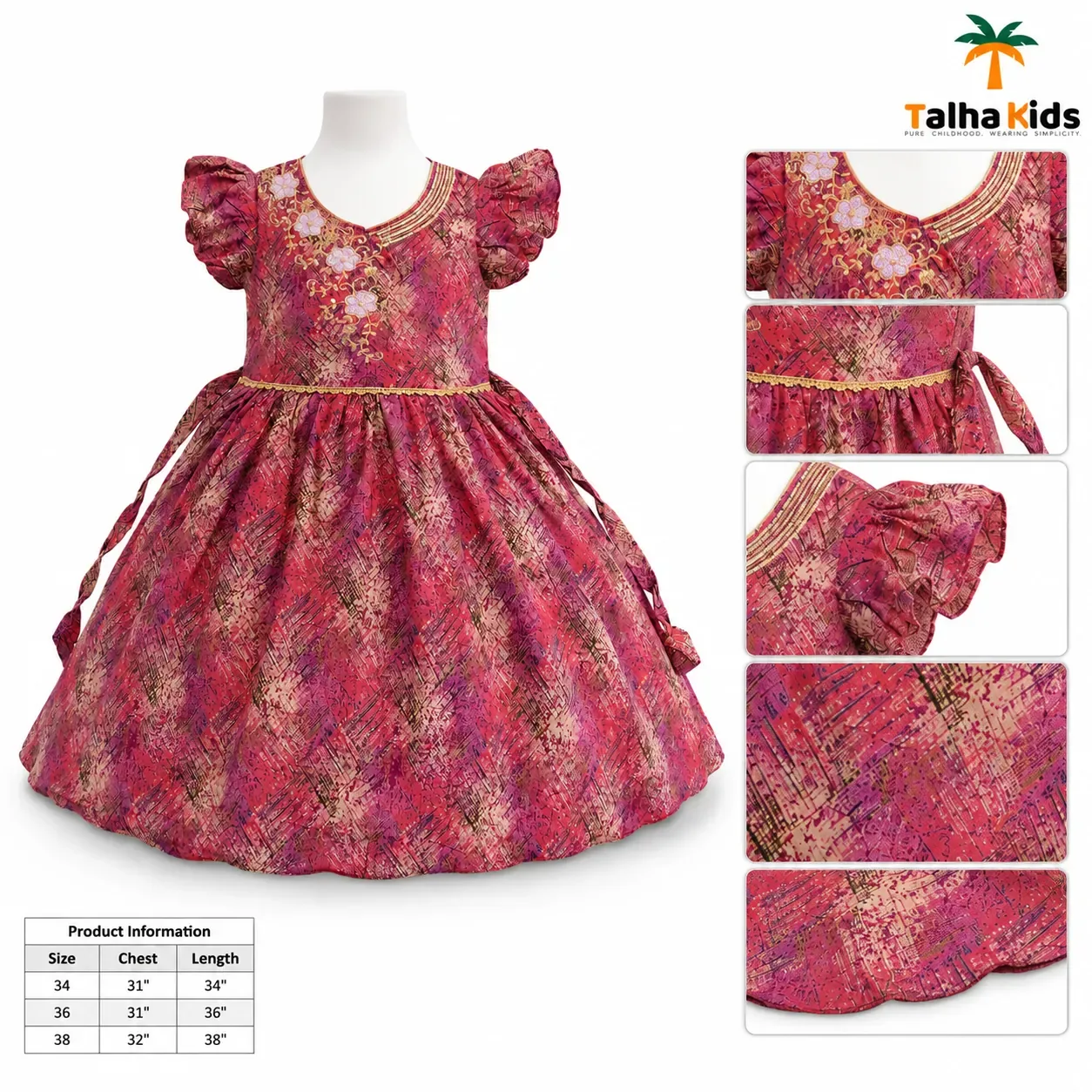 Alams Girls Printed Flutter Sleeve Frock – Mauve & Red