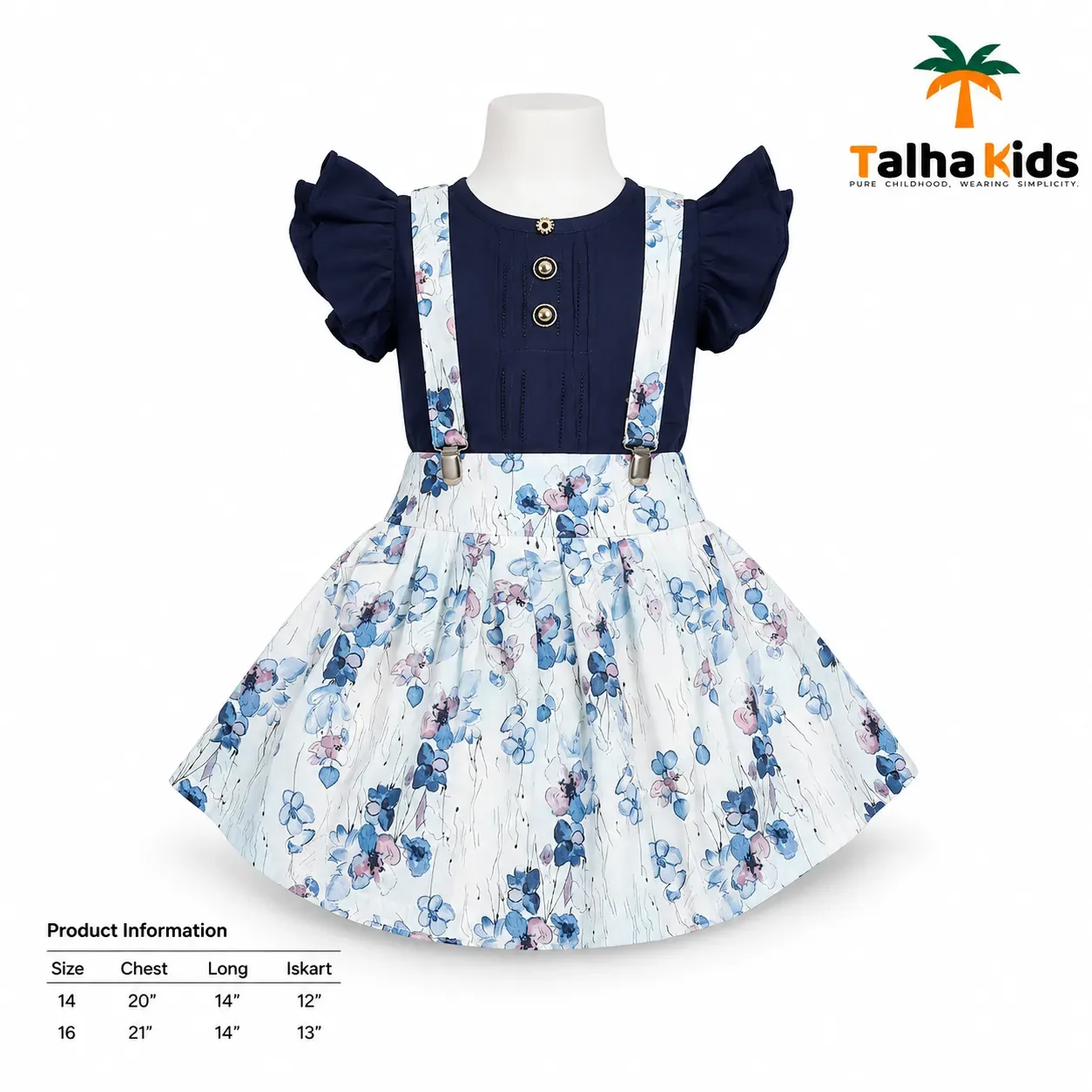 Girls’ Floral Suspender Frock Set – Puff Sleeve Dress with Matching Pouch
