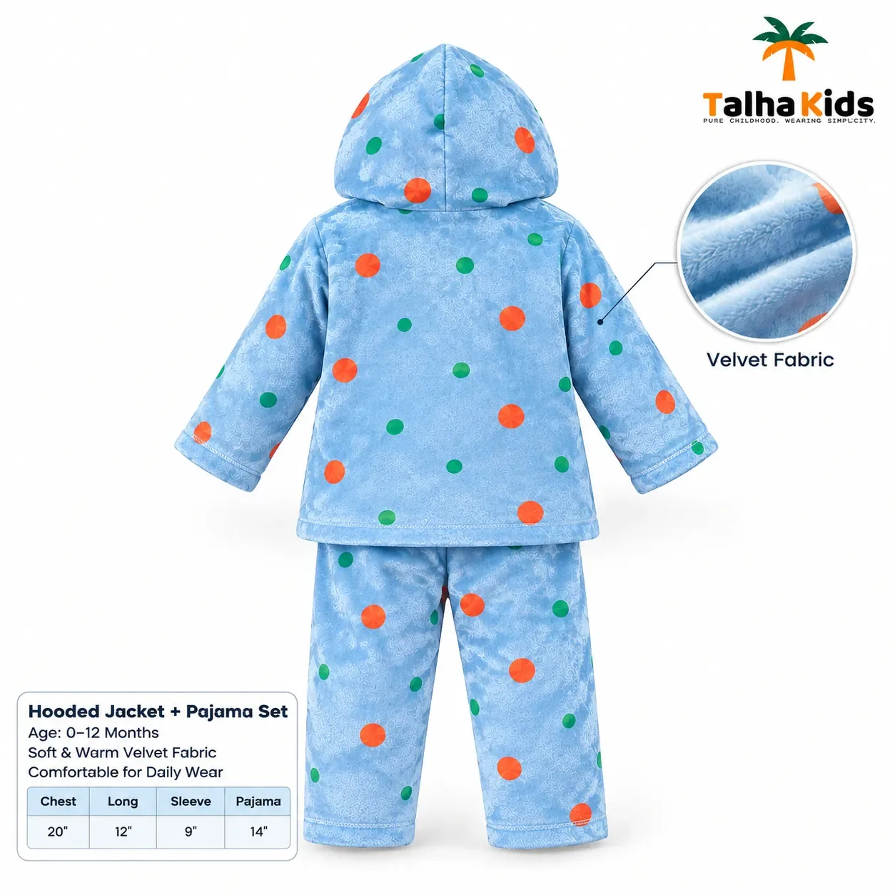 Talha Kids Baby Hooded Velvet Jacket – Polka Dot Print – 0–12 Months