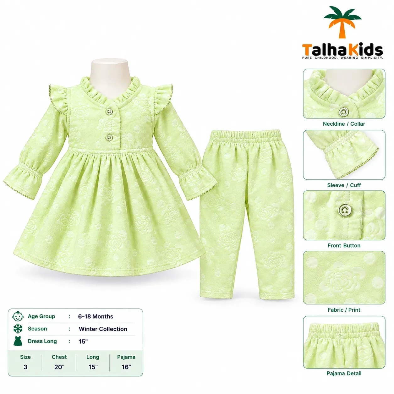 Baby Girls' Winter Frock & Pant Set – Long Sleeve Floral Design | 6–18 Months