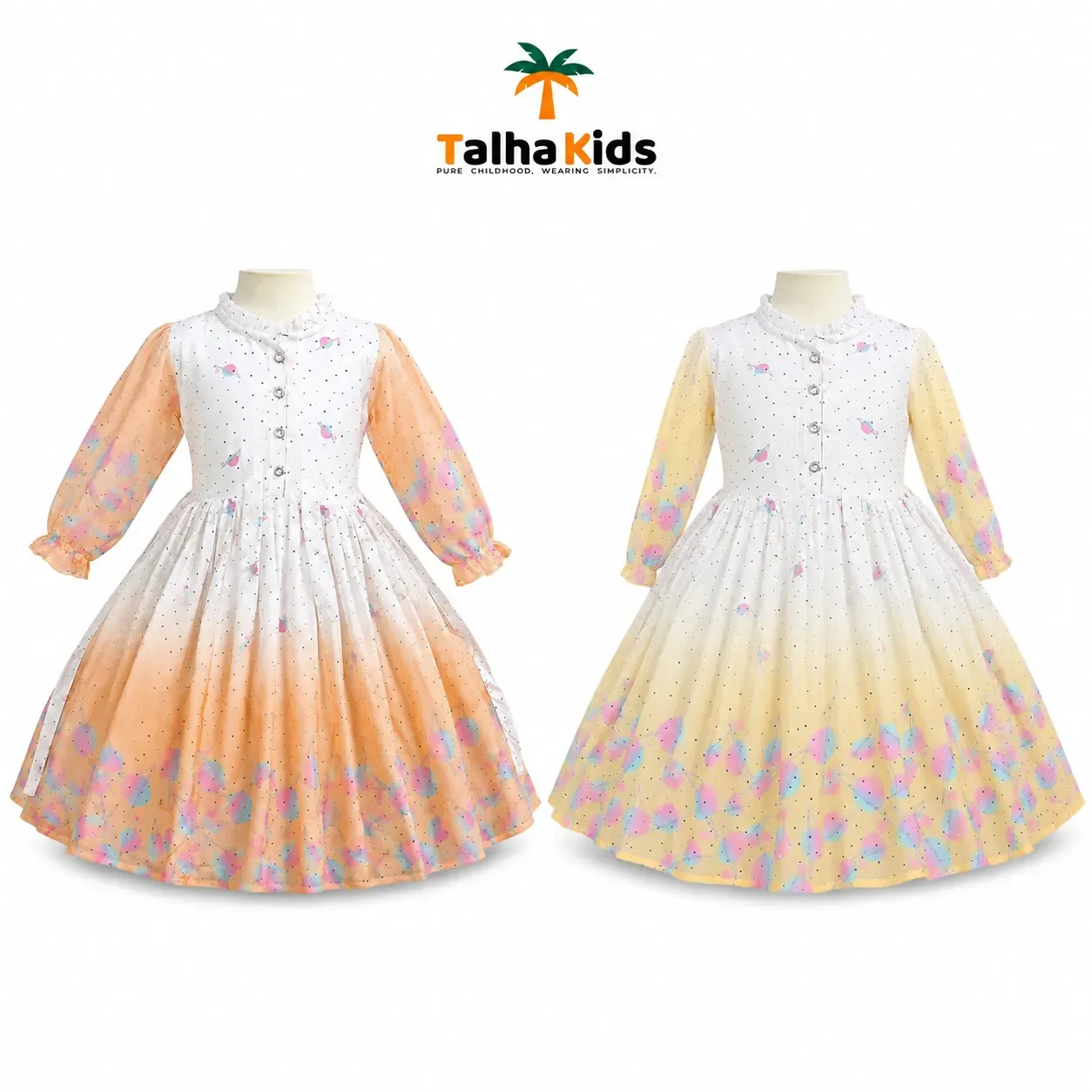 Girls’ Pastel Printed Long-Sleeve Frock – Full Flare Party