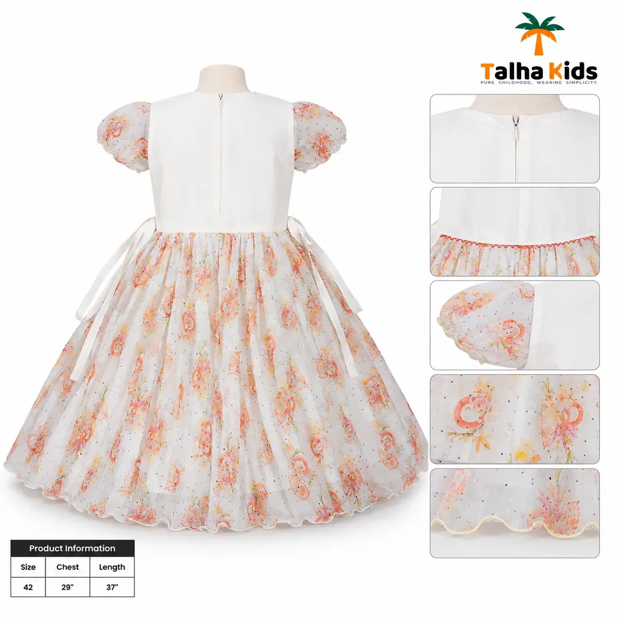 Girls Floral Printed Frock Dress with Puff Sleeves – Elegant Kids Party Dress
