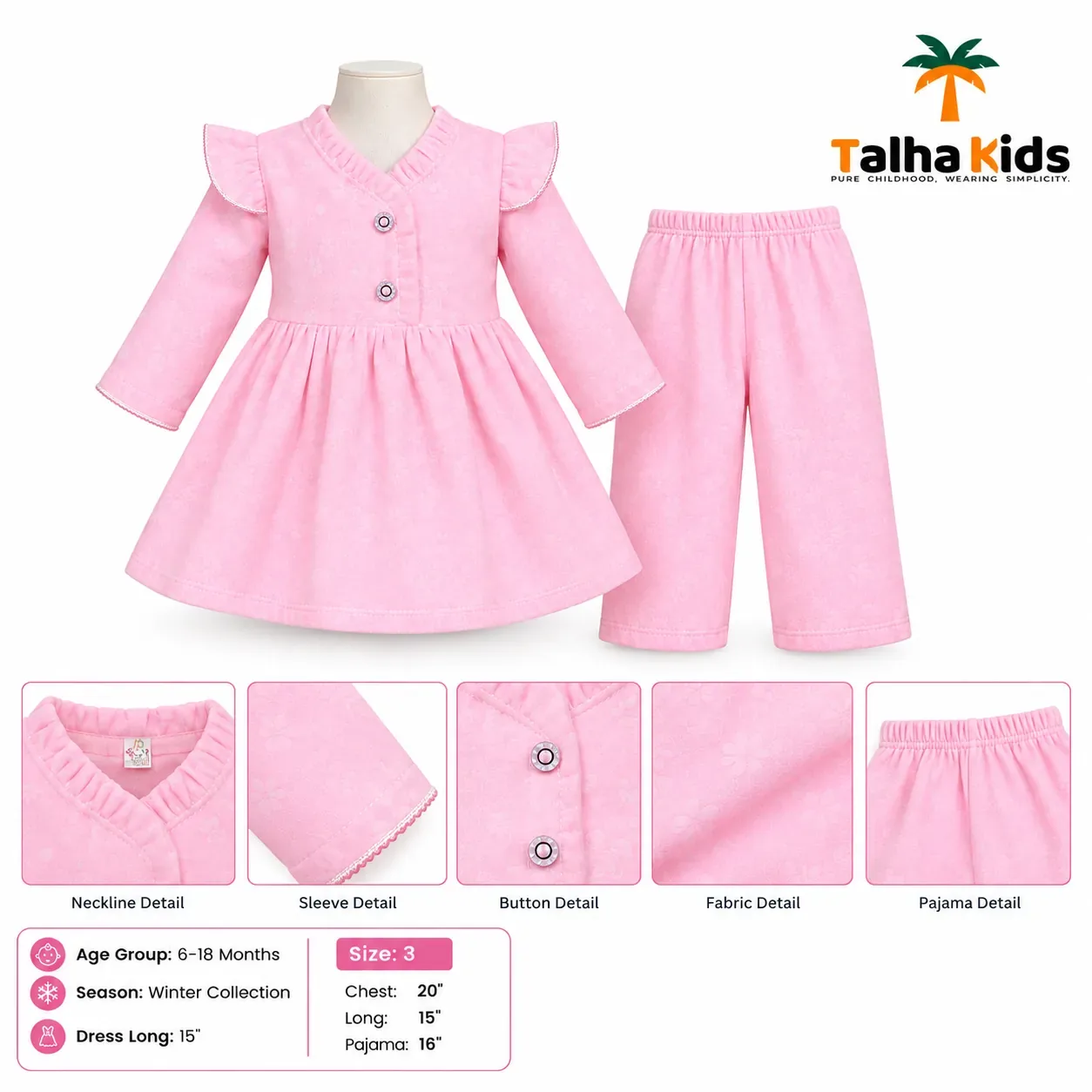 Baby Girls' Winter Frock & Pant Set – Long Sleeve Floral Design | 6–18 Months