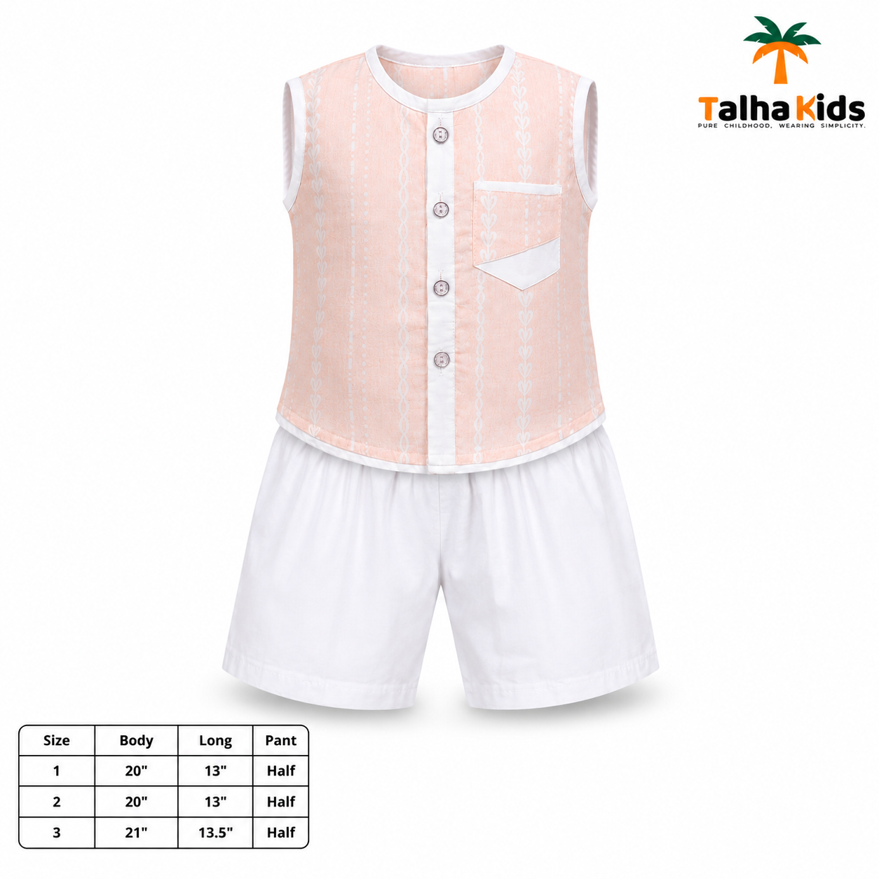 Boys Peach Printed Fotua Set with White Half Pant