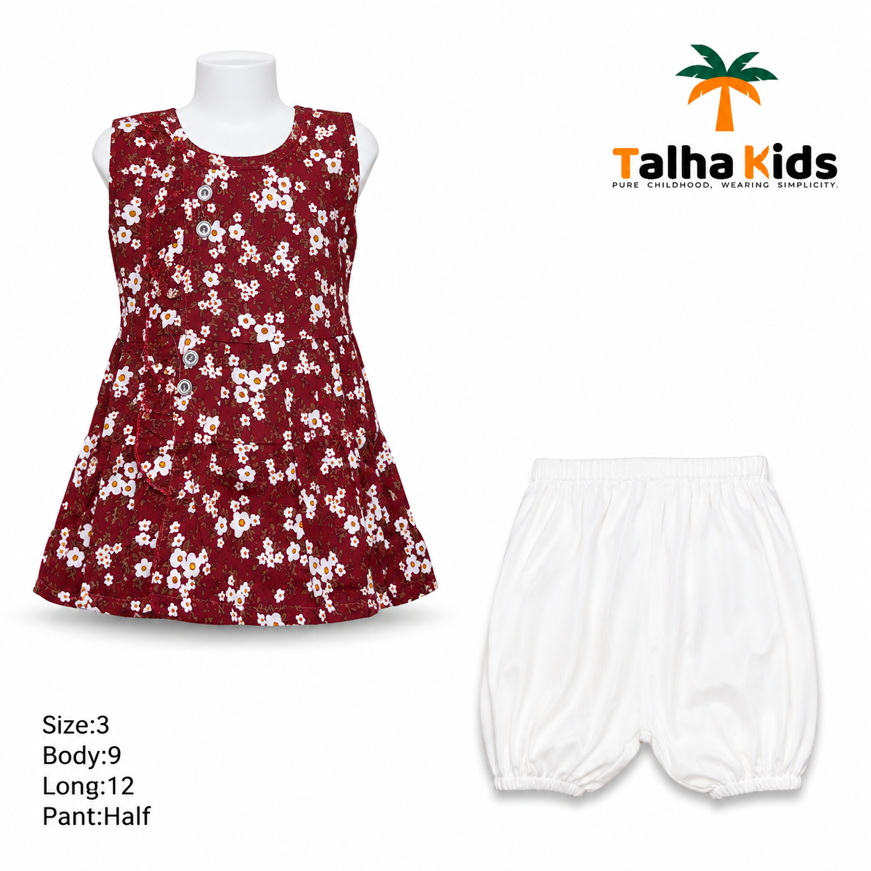 Maroon Floral Printed Girls Frock with White Pant Set