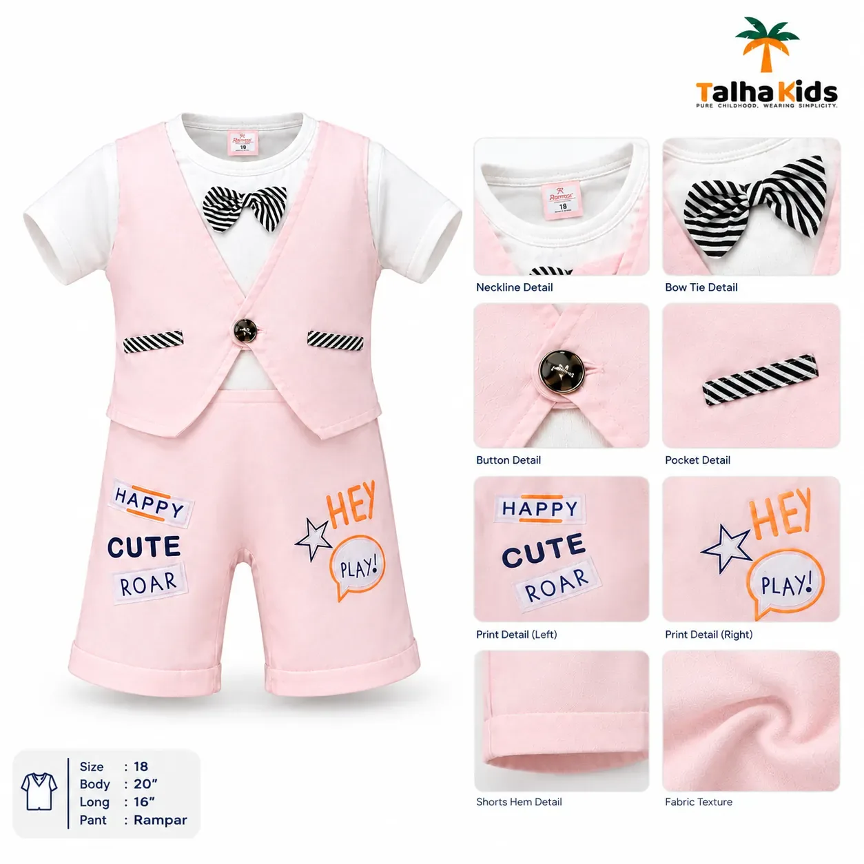 Talha Kids Boys Vest Style Romper Set with Bow Tie – Pastel Colors