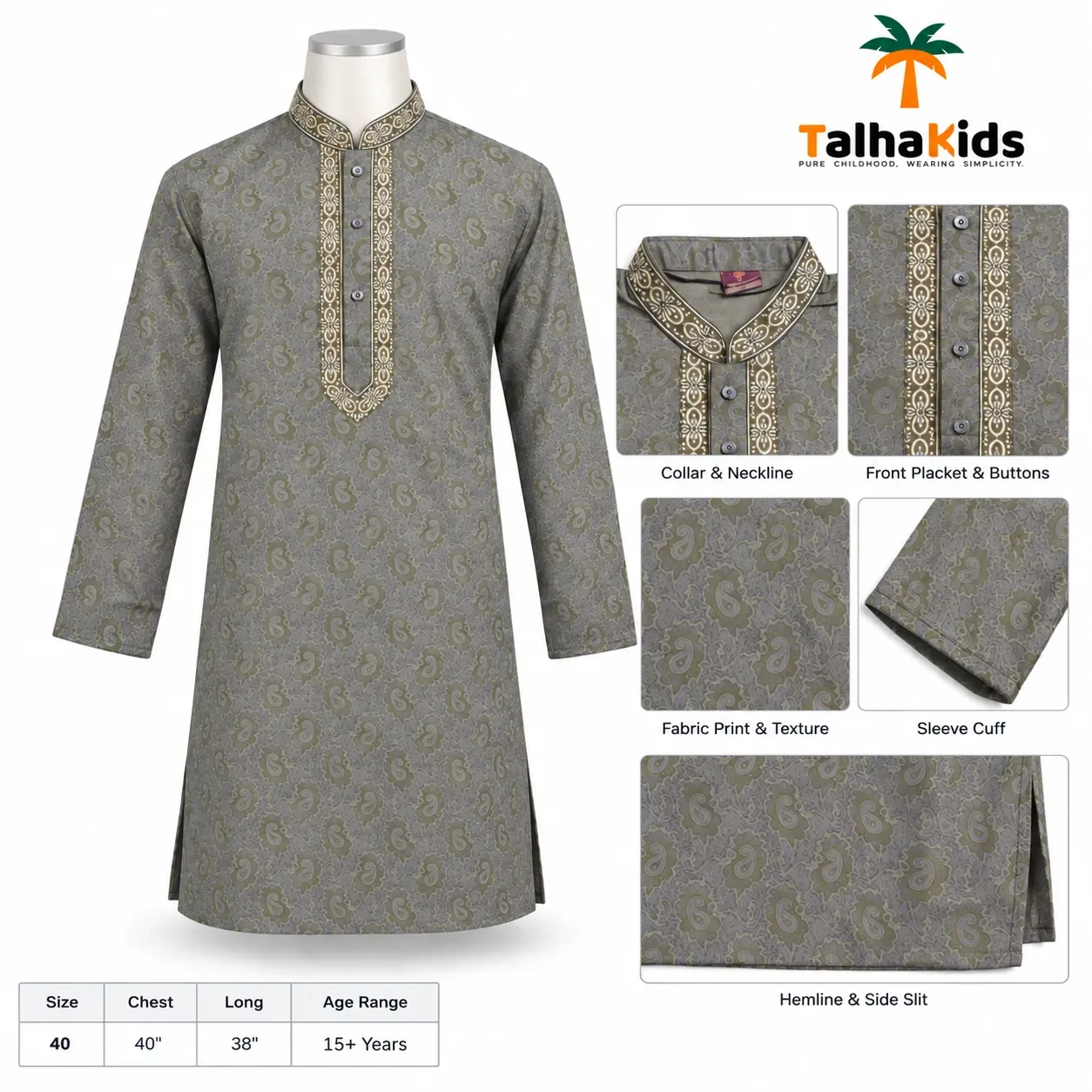 Talha Kids Boys' Panjabi – Paisley Print with Embroidered Collar & Placket