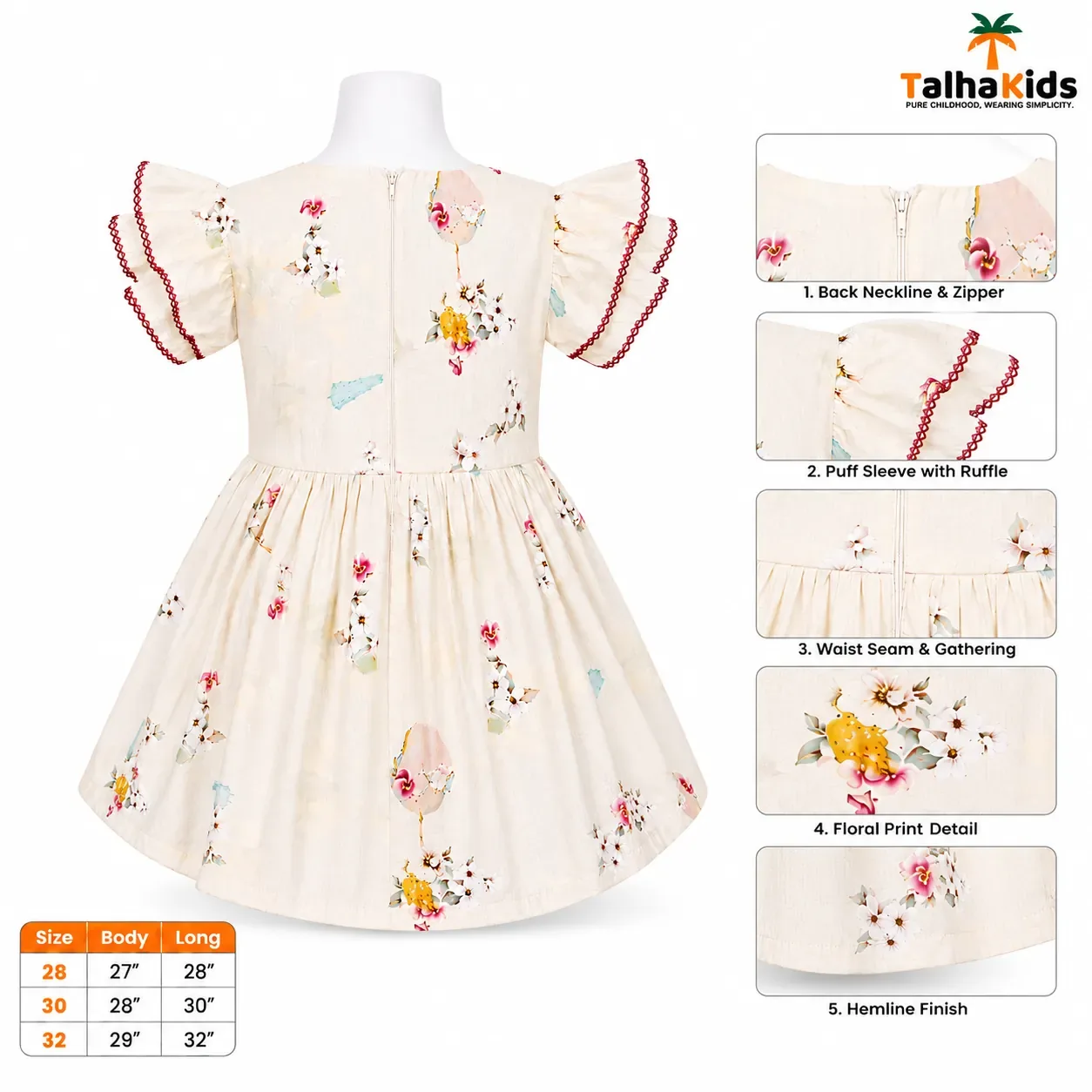 Talha Kids Floral Printed Girls Dress with Lace Detail