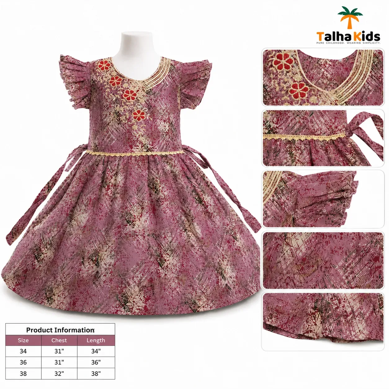 Alams Girls Printed Flutter Sleeve Frock – Mauve & Red