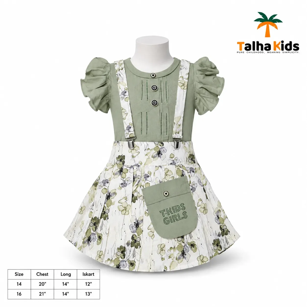Girls’ Floral Suspender Frock Set – Puff Sleeve Dress with Matching Pouch