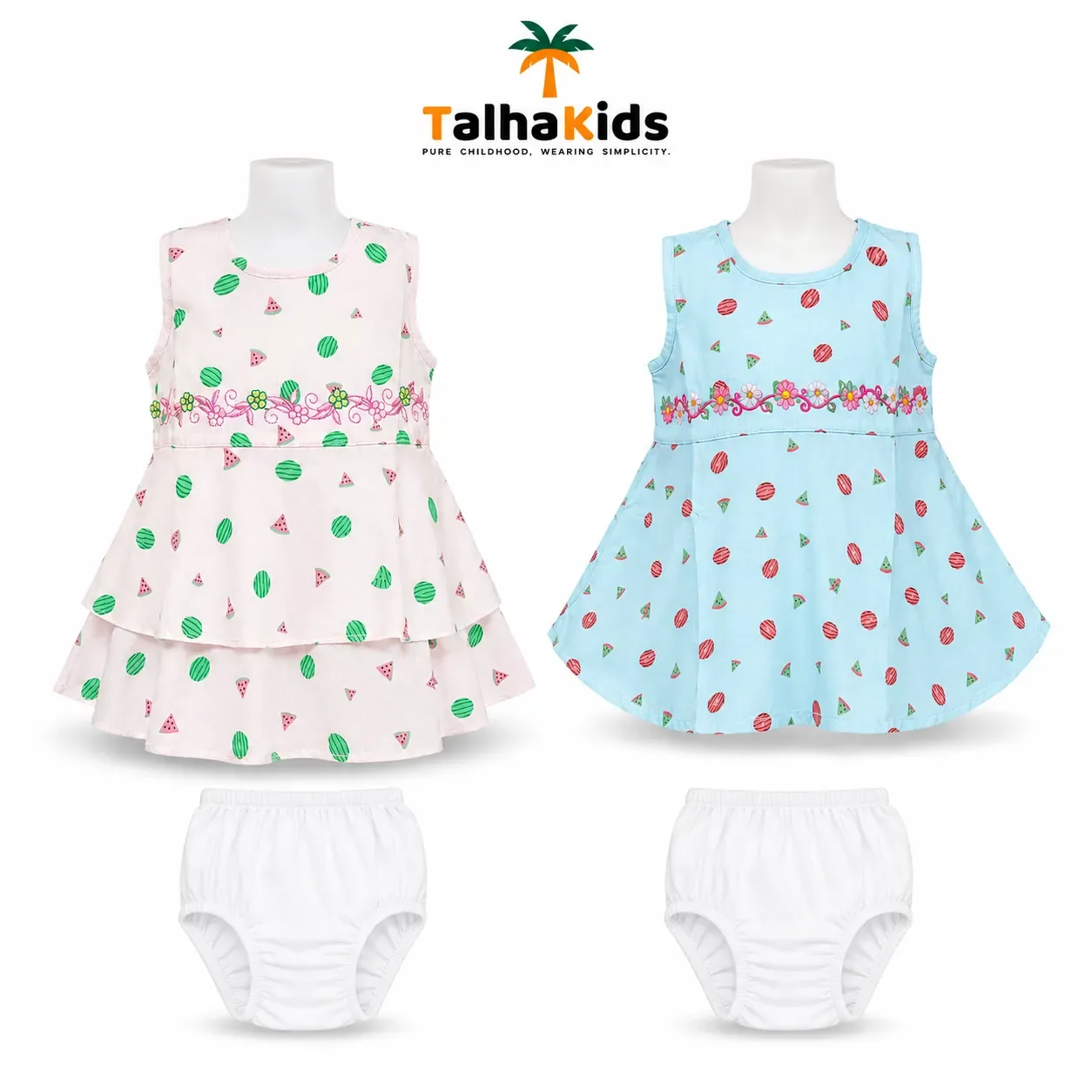 Girls Sleeveless Watermelon Print Frock with Matching White Bloomer