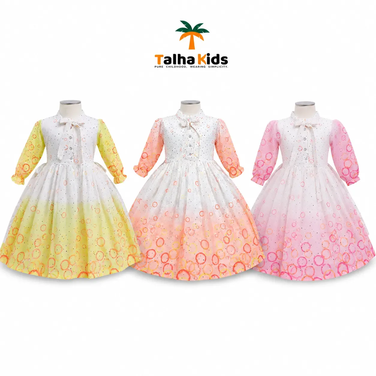 Girls’ Printed Full-Sleeve Party Frock – Yellow, Peach & Pink Color Variants