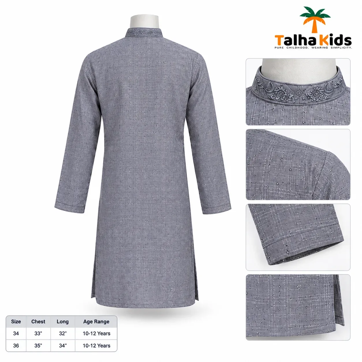 Talha Kids Boys' Embroidered Panjabi – Grey