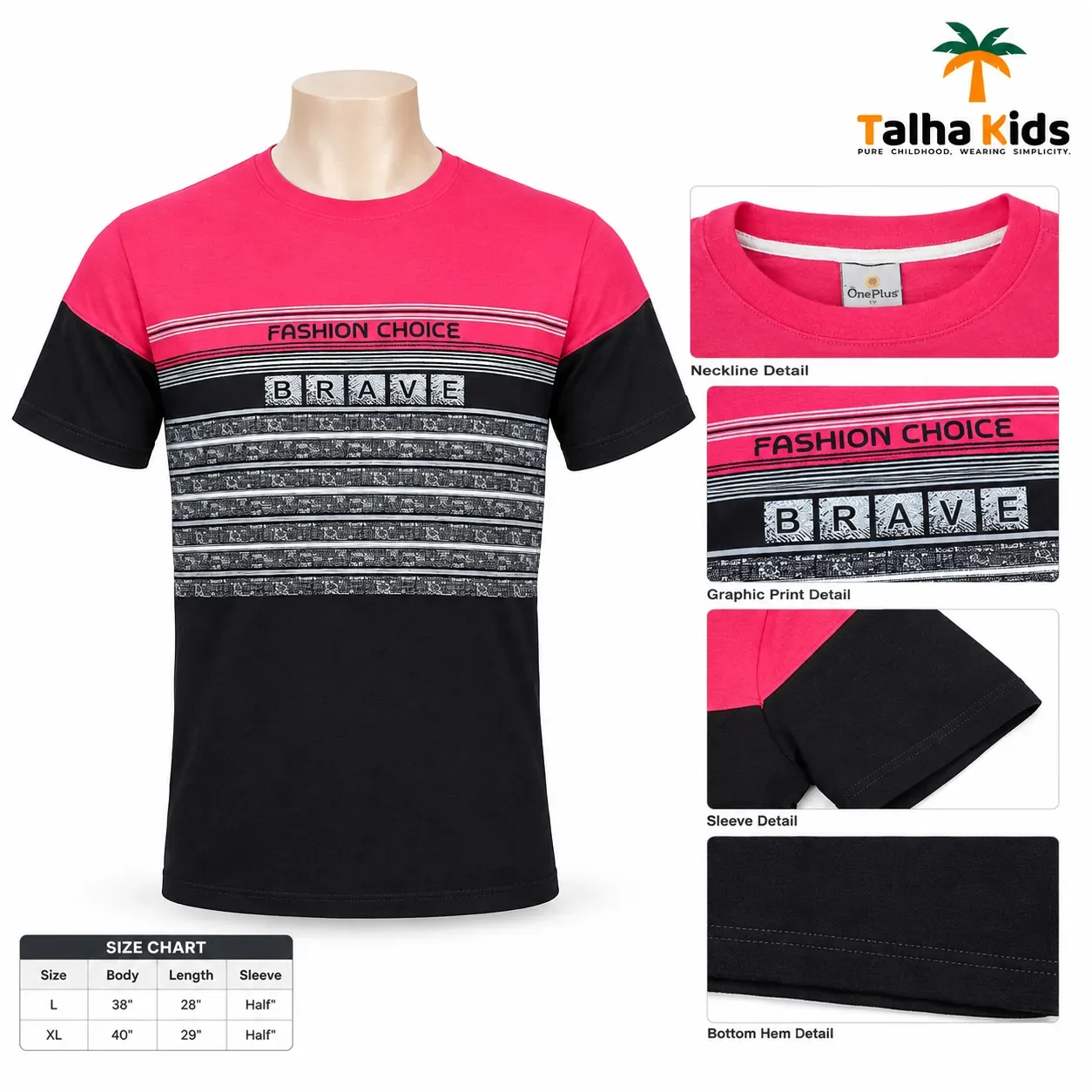 One Plus Fashion Choice Brave Color Block Men's T-Shirt – Pink & Black