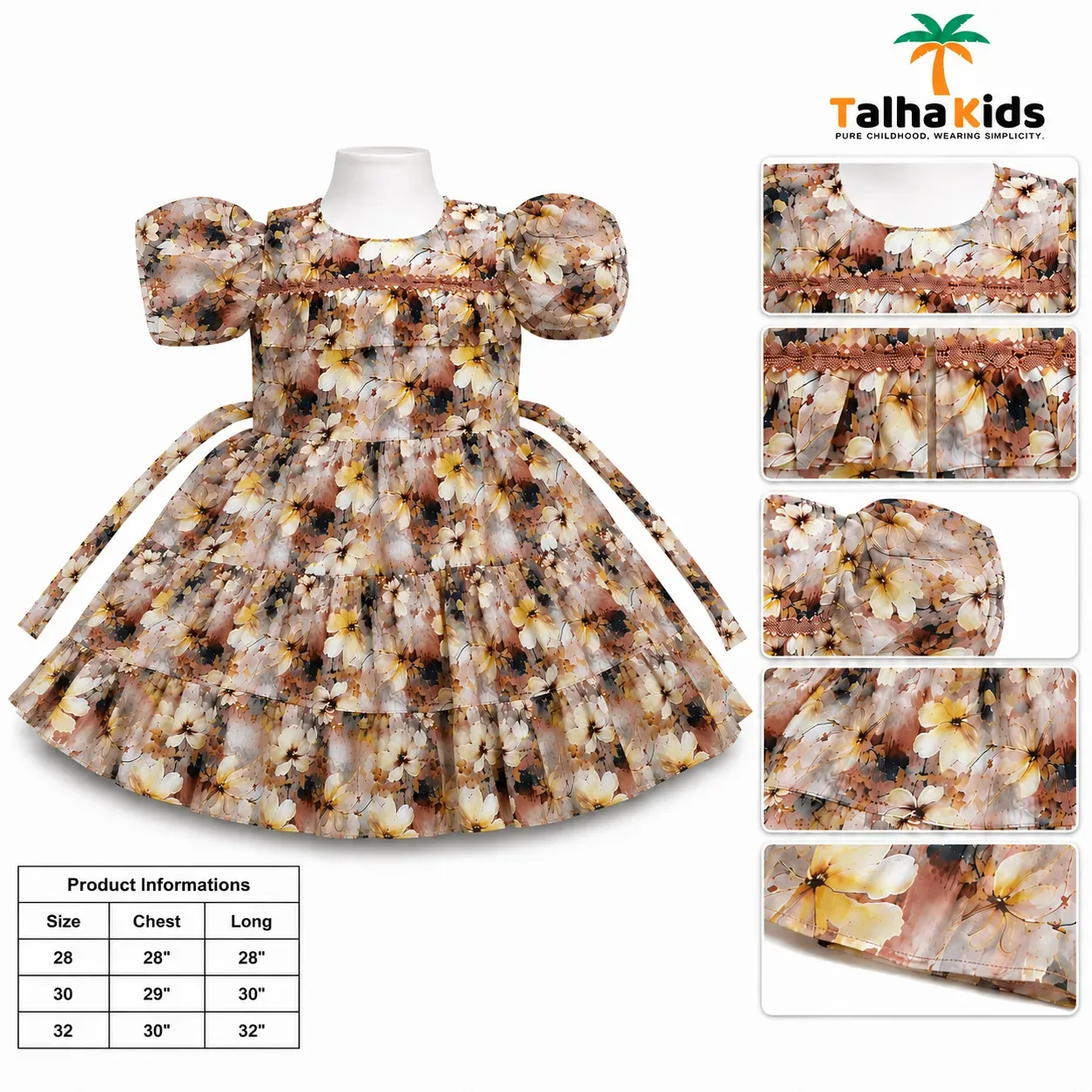 Alams Baby Wear Girls Floral Printed Tiered Frock – Puff Sleeve Party Dress