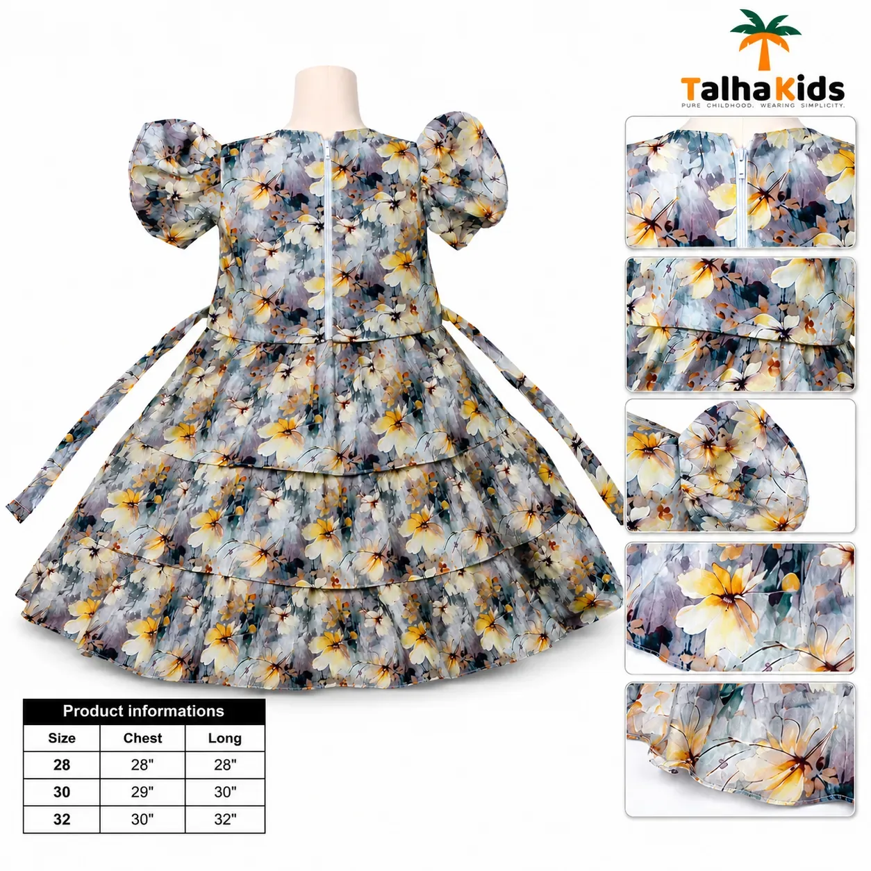 Alams Baby Wear Girls Floral Printed Tiered Frock – Puff Sleeve Party Dress