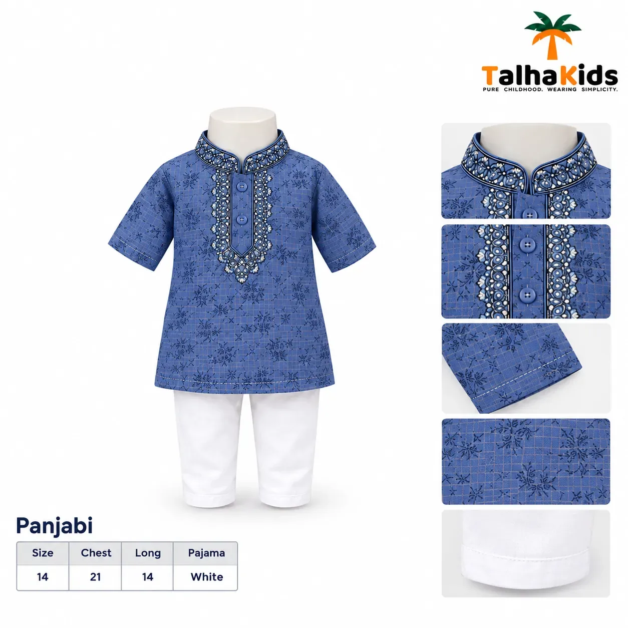 Talha Kids Panjabi & Pajama Set – Blue Printed Panjabi with White Pajama