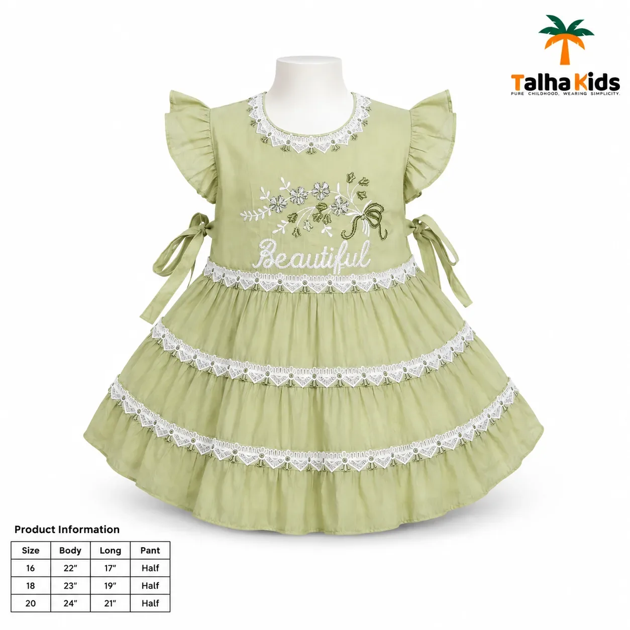 Girls’ Pistachio Green Embroidered Frock with White Bloomer