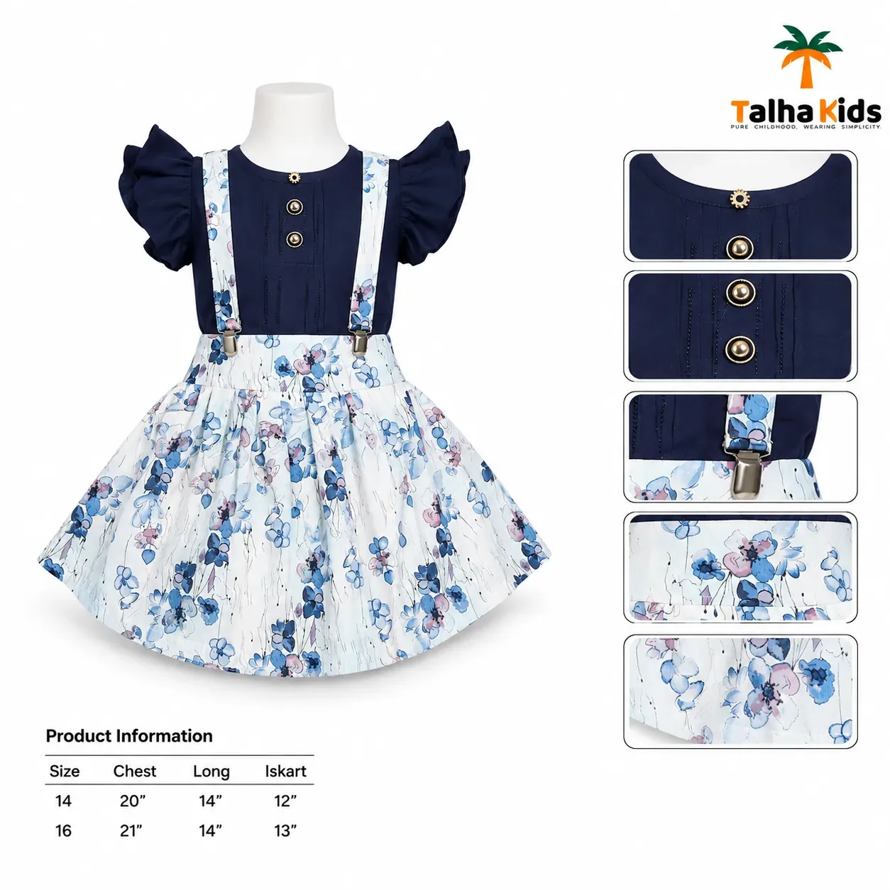 Girls’ Floral Suspender Frock Set – Puff Sleeve Dress with Matching Pouch