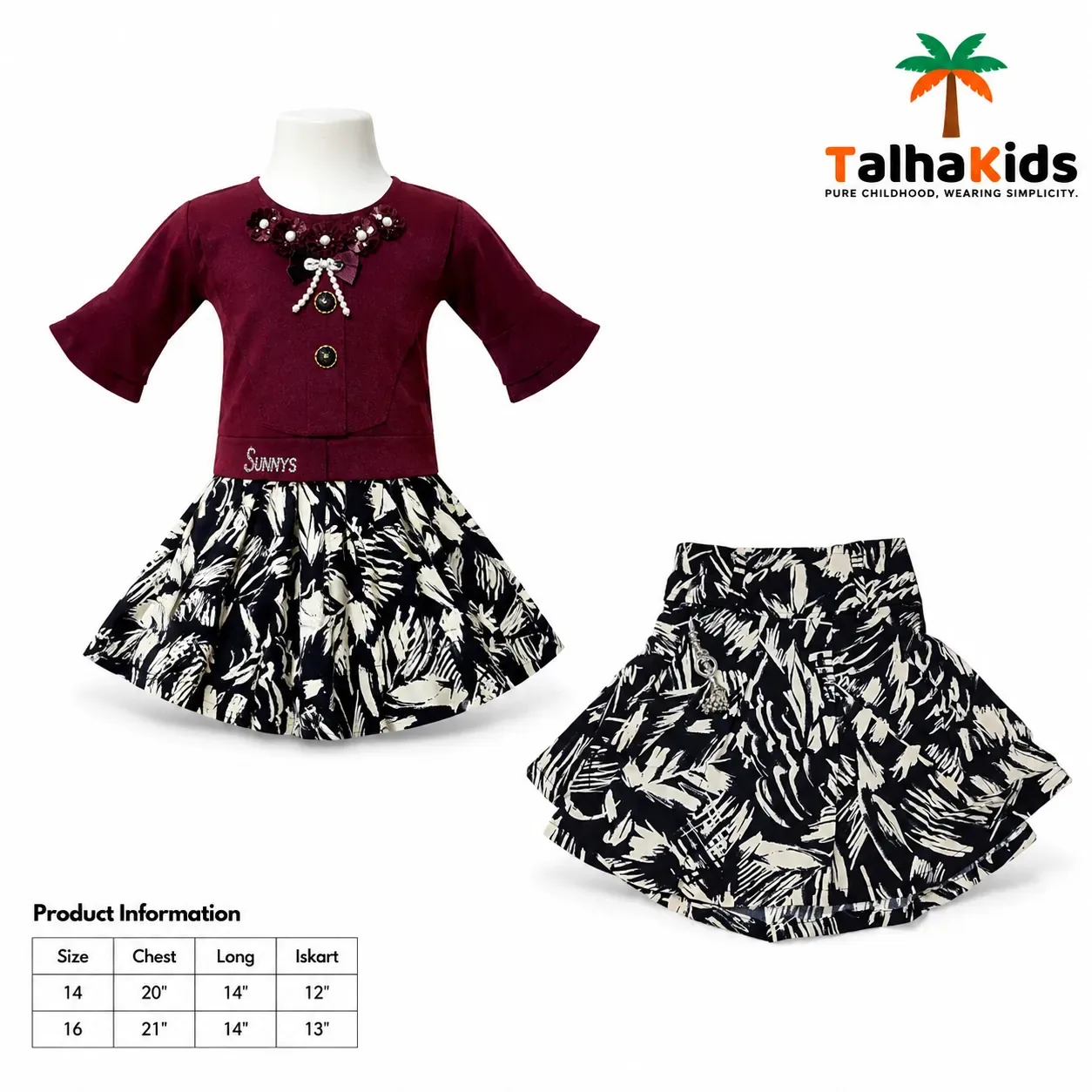 Girls’ Floral Embellished Top with Black & Cream Printed Skirt Set – 3 Colors