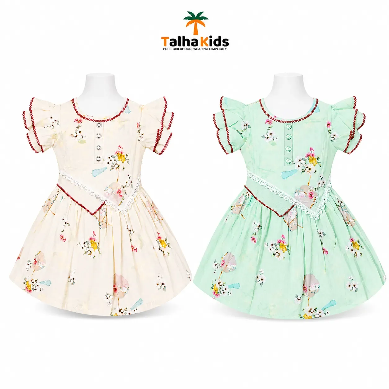 Talha Kids Floral Printed Girls Dress with Lace Detail