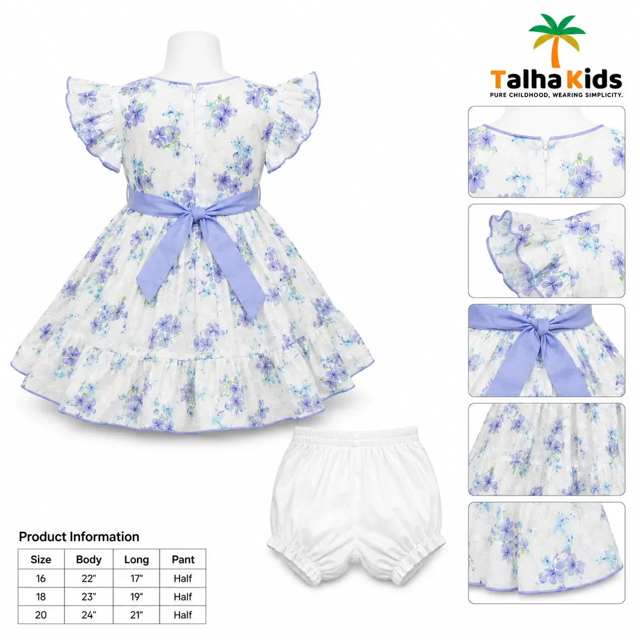 Girls' Floral Embroidered Frock with Matching Half Pant