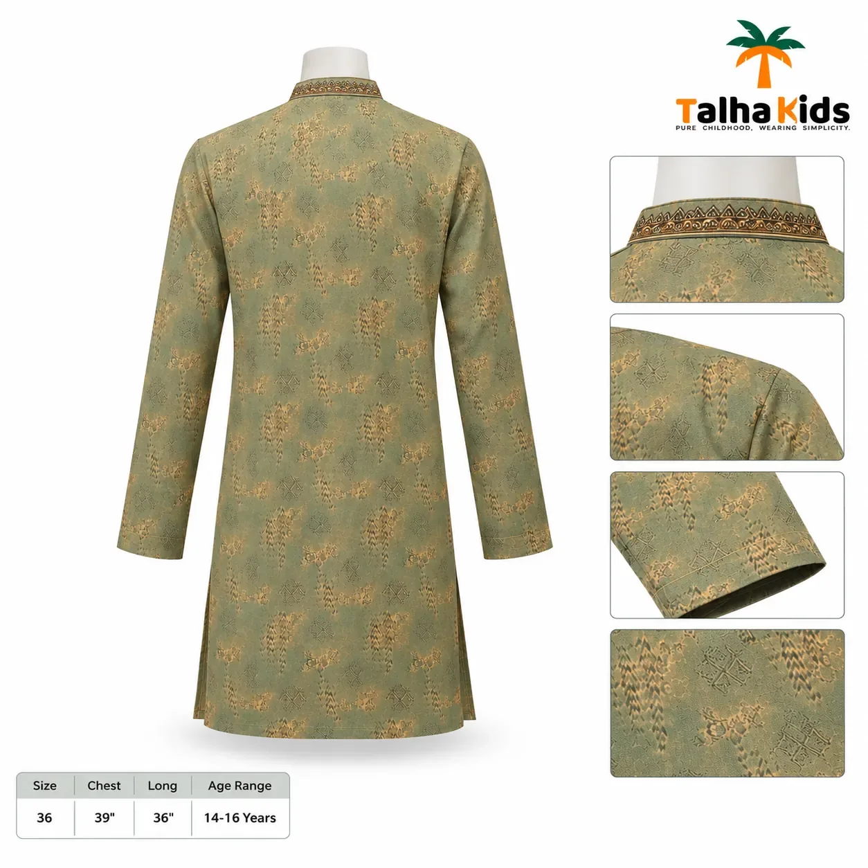 Talha Kids Boys' Panjabi – Embroidered Collar & Front Placket – Olive Green – 14–16 Years