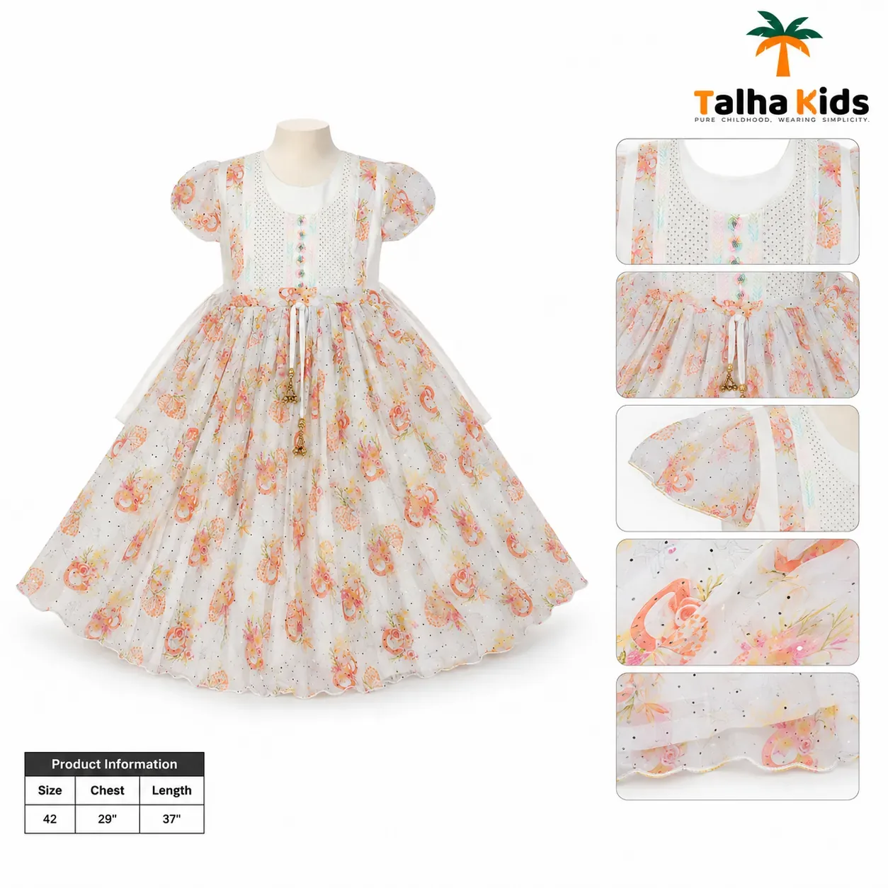 Girls Floral Printed Frock Dress with Puff Sleeves – Elegant Kids Party Dress