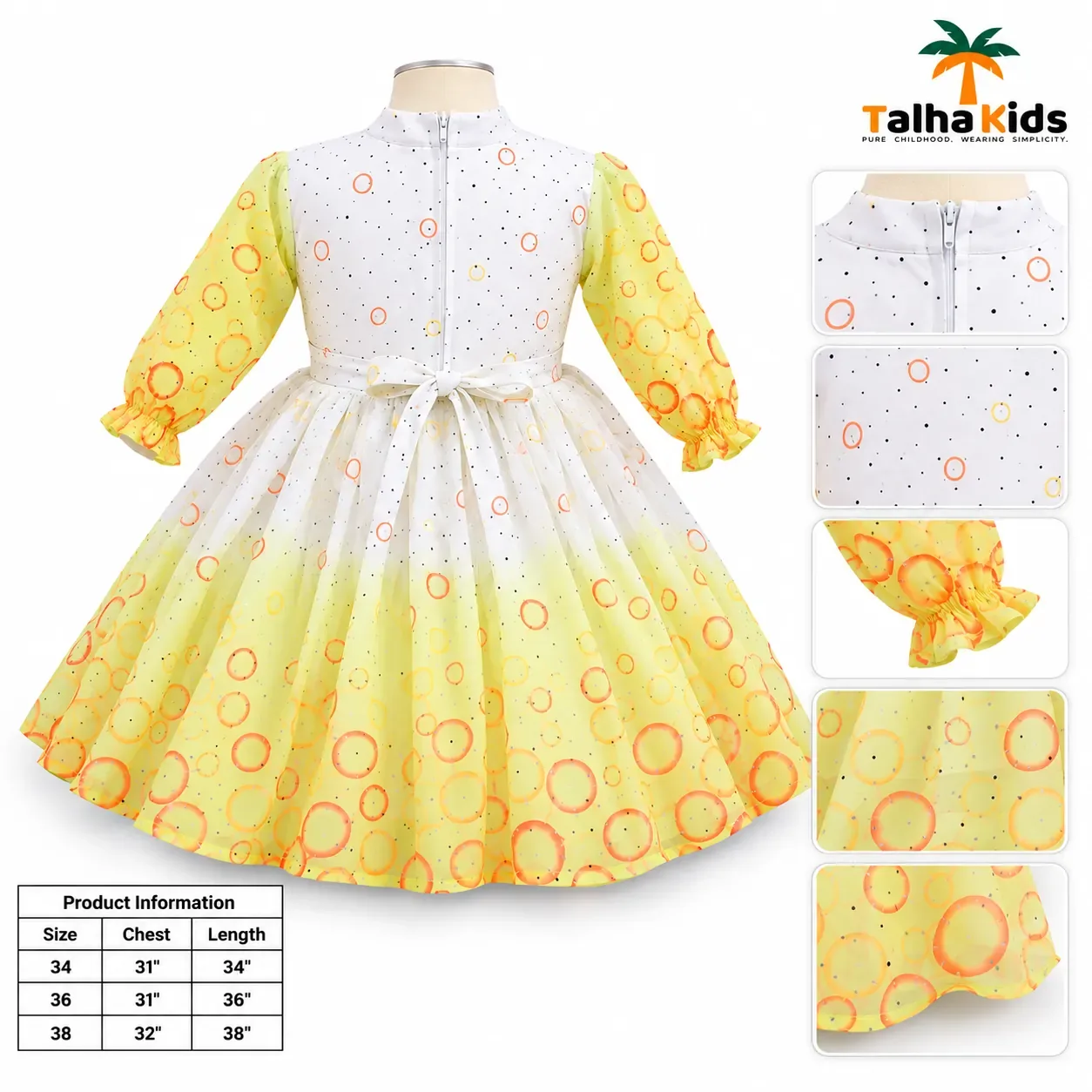 Girls’ Printed Full-Sleeve Party Frock – Yellow, Peach & Pink Color Variants