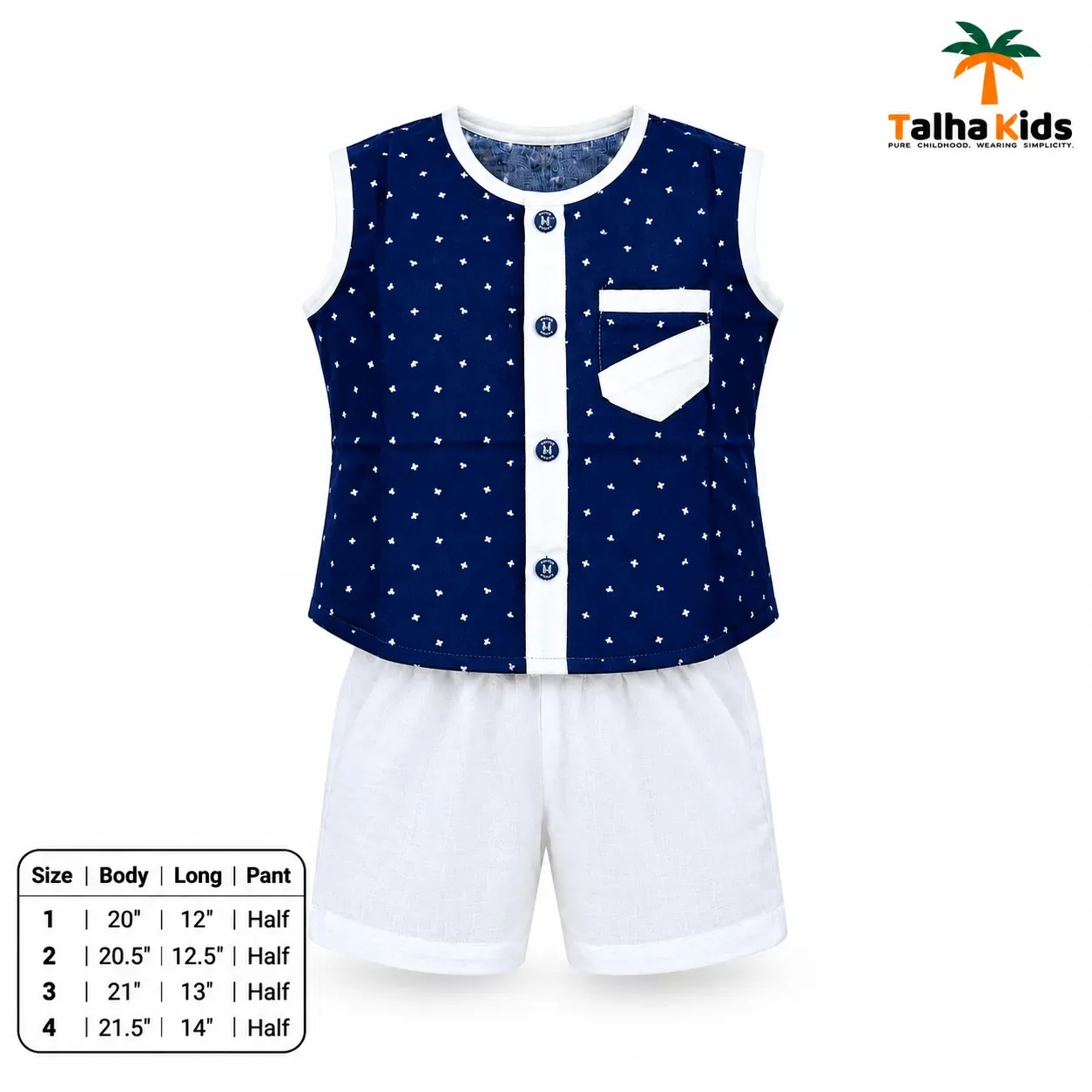 Boys Navy Printed Fotua Set with Half Pant