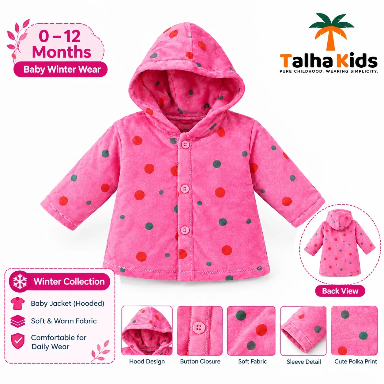Talha Kids Baby Hooded Velvet Jacket – Polka Dot Print – 0–12 Months