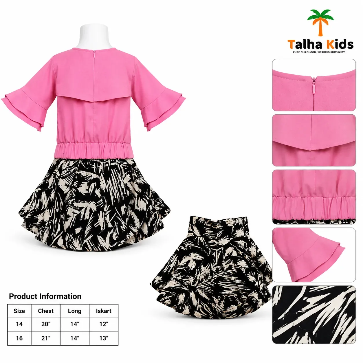 Girls’ Floral Embellished Top with Black & Cream Printed Skirt Set – 3 Colors