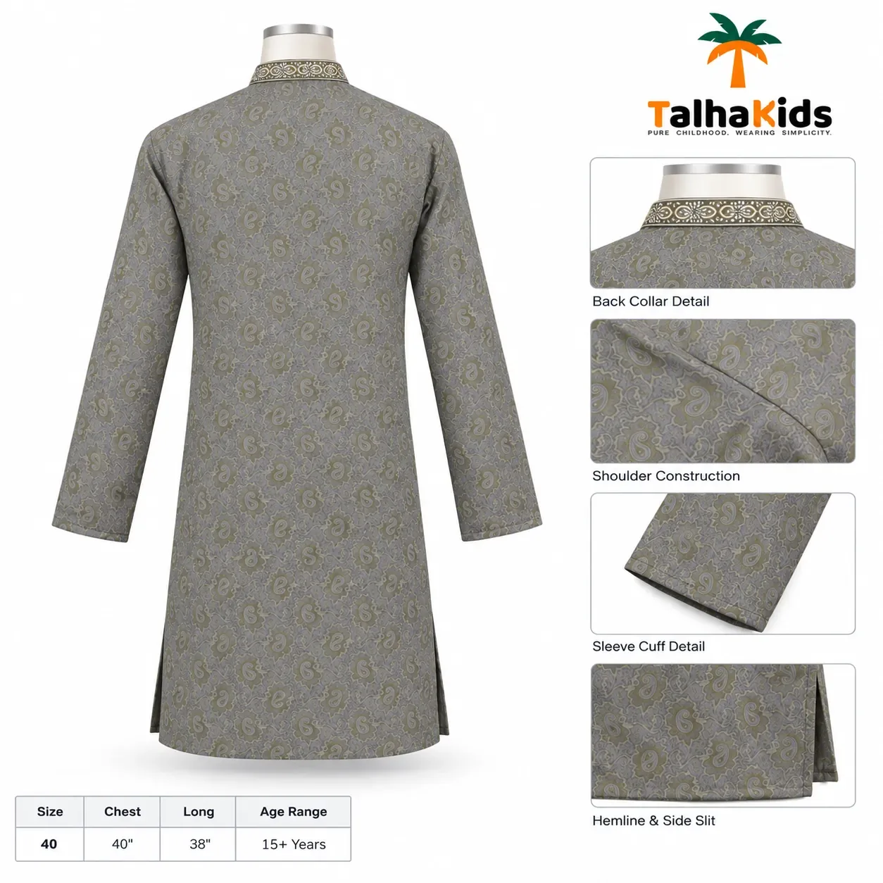 Talha Kids Boys' Panjabi – Paisley Print with Embroidered Collar & Placket