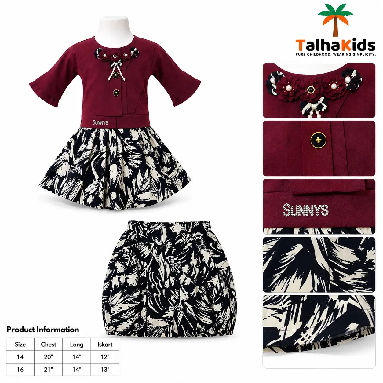 Girls’ Floral Embellished Top with Black & Cream Printed Skirt Set – 3 Colors