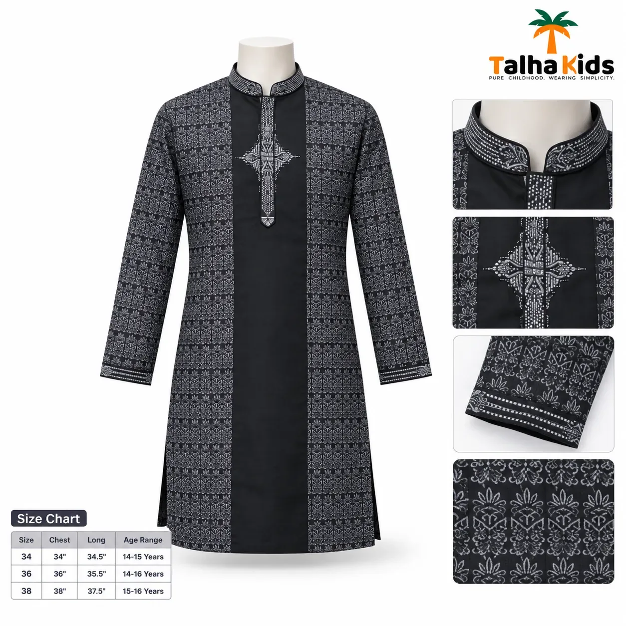 Khandani Boys' Panjabi for Ages 14–16 – Black & Charcoal Printed Design