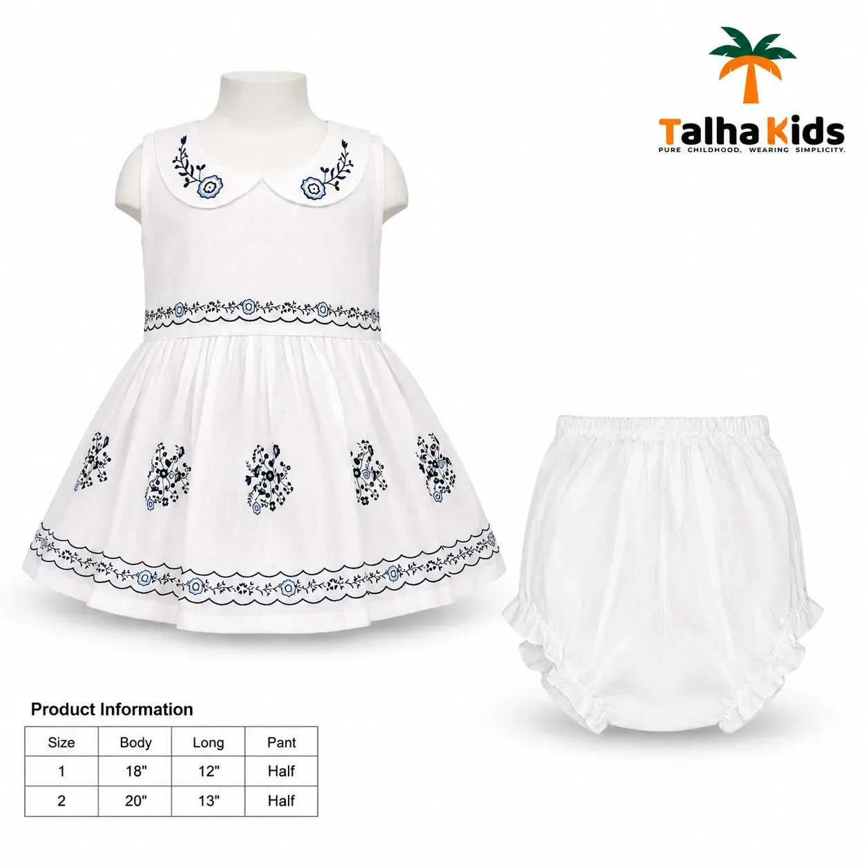 Talha Kids White Floral Embroidered Baby Frock with Matching Half Pant