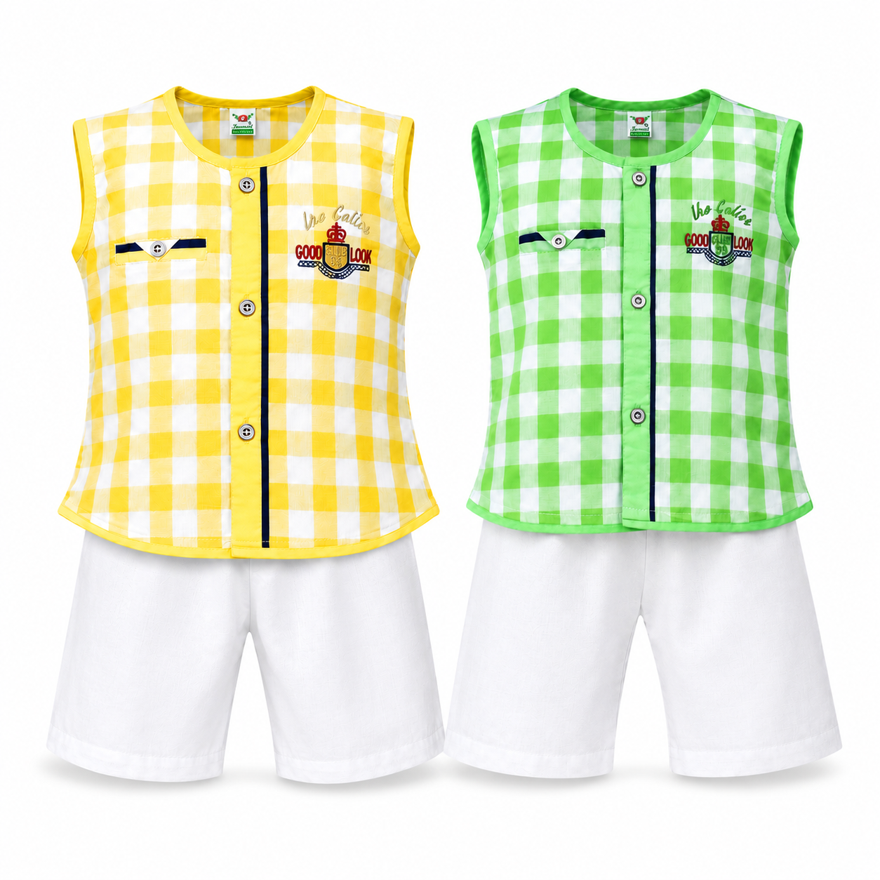 Boys’ Check Pattern Fotua Set with Half Pant – Yellow & Green