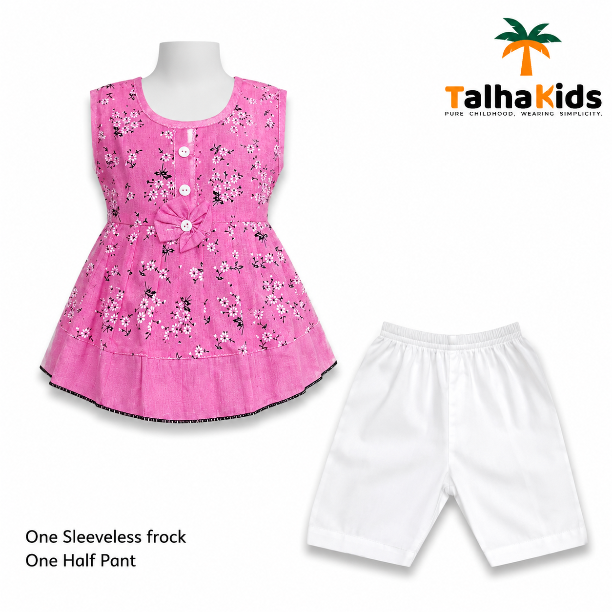 Girls’ Pink Floral Sleeveless Frock with Matching White Half Pant