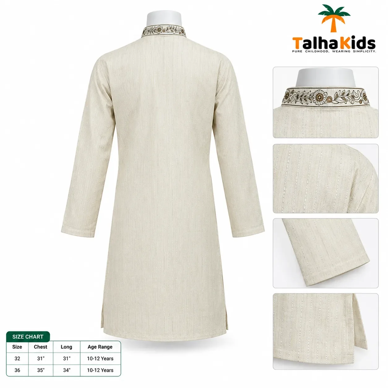 Talha Kids Boys' Panjabi – Embroidered Collar & Front Detail